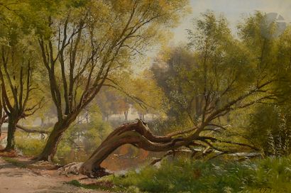  Carl Frederik AAGAARD (1833-1895) Bord de rivière Huile sur toile. Signée en bas...
