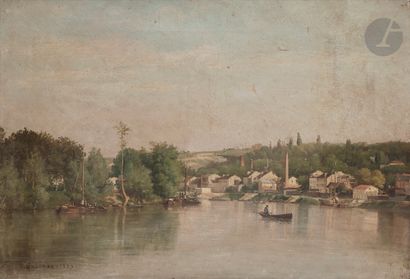  Prosper GALERNE (1836-1922) Usine en bord de rivière, 1879 Huile sur toile. Signée...