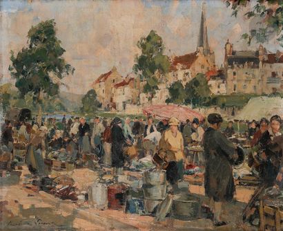  Paul-Émile LECOMTE (1877-1950) Bretagne, le marché aux puces Huile sur toile. Signée...