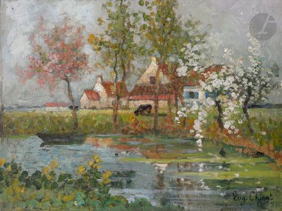 null Eugène CHIGOT (1860-1927)
Le Hameau au bord de l'étang
Huile sur isorel.
Signée...
