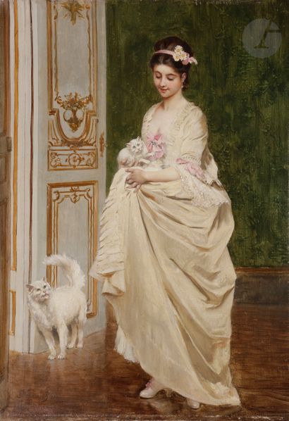  Joseph CARAUD (1821-1905) Élégante aux chats, 1879 Huile sur toile. Signée et datée...