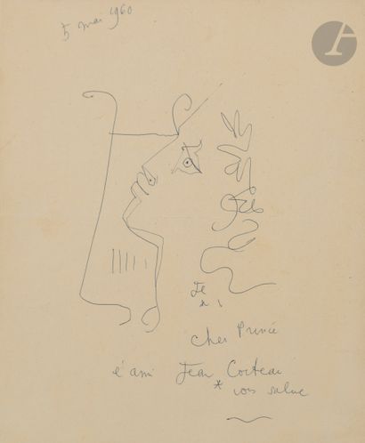 null Jean COCTEAU (1889-1963
)Profile of Orpheus with a lyre,
1960Dark blue ballpoint
pen.

Signed,...
