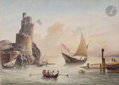 Louis GARNERAY (1783-1857 )Orientalist SeascapeWatercolor...