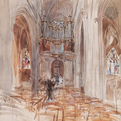 null Giovanni BOLDINI (1842-1931
)Interior of a cathedral, figure in front of an...