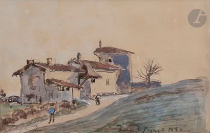  Johan-Barthold JONGKIND (1819-1891) Maison et route animée, 1880 Aquarelle et fusain....