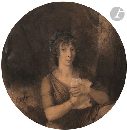  Fulchran Jean HARRIET (1778-1805 )Portrait of a woman holding a letterBlack stone...