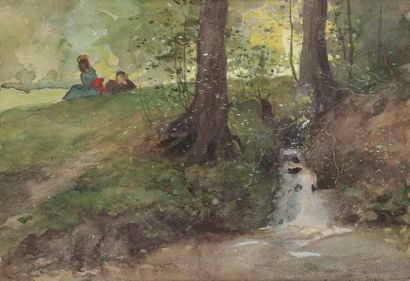  Louis-Maurice BOUTET DE MONVEL (1850-1913) Couple à la chute d'eau Aquarelle. Signée...