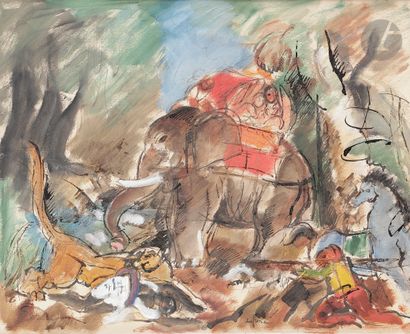 null Charles DUFRESNE (1876-1938)
La Chasse au lion
Gouache et encre.
Signée en pied.
28...
