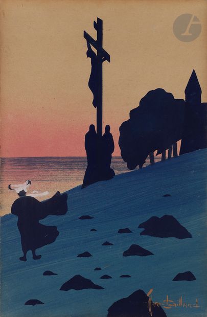  Marcel GAILLARD (1886-1947) Calvaire breton au crépuscule devant la mer Gouache...