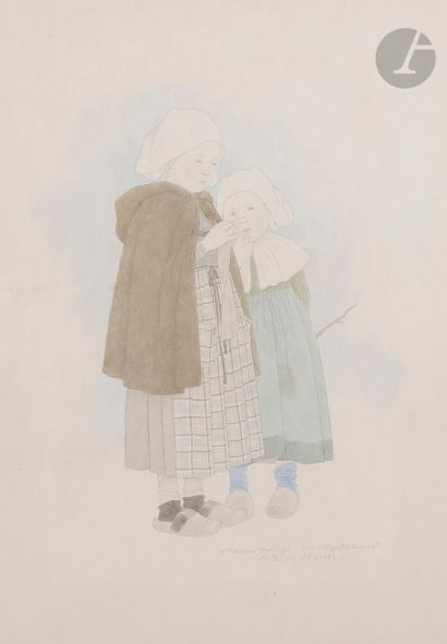 null Bernard BOUTET DE MONVEL (1884-1949
)Young Breton girls knittingWatercolour
and...