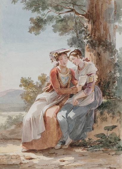  Hortense Haudebourt LESCOT (1784-1845 )Two women conversing at the foot of a treeWatercolor...