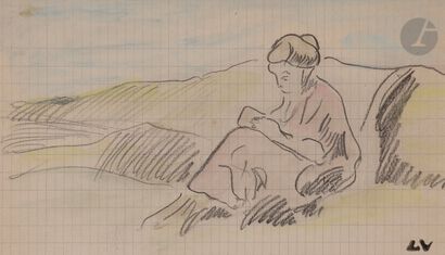  Louis VALTAT (1869-1952) Lecture sur la plage Aquarelle et crayon noir. Timbrée...