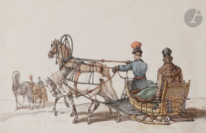  Jacques François SWEBACH DESFONTAINES (1768-1833 )The Russian SledWatercolour on...
