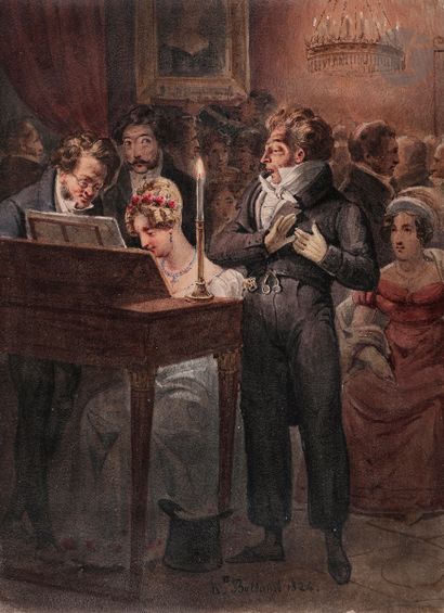 null Hippolyte BELLANGÉ (1800-1866
)The Concert given by the Duchess of Berry, 1824Gouache
.
Signed...