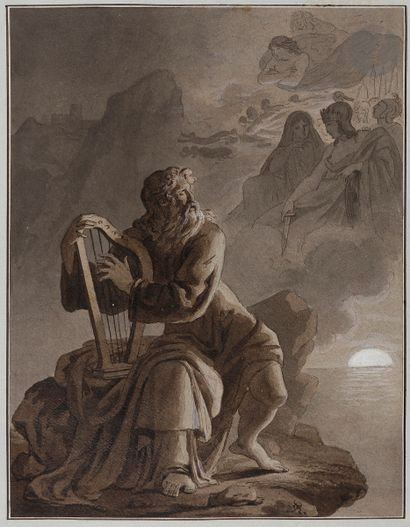  Pierre REVOIL (1776-1842 )Le Songe d'OssianPen and black ink, brown and grey wash...