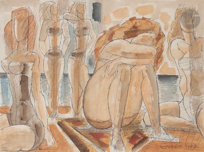 null Marcel GROMAIRE (1892-1971)
Cinq baigneuses blondes, 1957
Encre et aquarelle.
Signée...