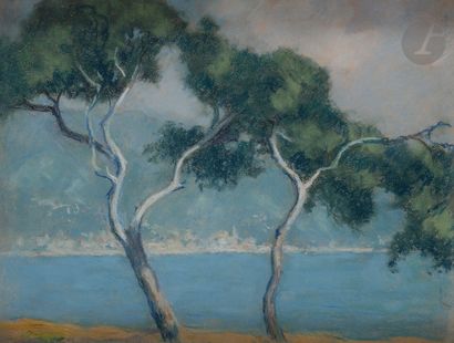  Raymond THIBÉSART (1874-1963) Mer et pins Pastel. Non signé. Timbre de l'atelier...