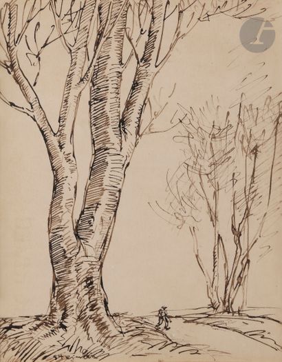  Théophile Alexandre STEINLEN (1859-1923) Paysanne sur la route près d'un arbre Encre....