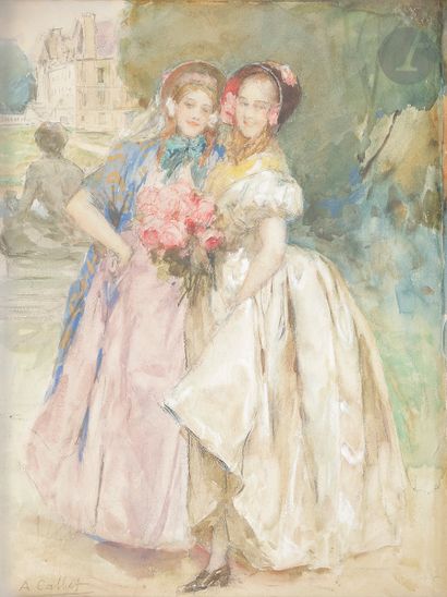  Antoine CALBET (1860-1944 )Young elegant ladies in the parkWatercolor on pencil...