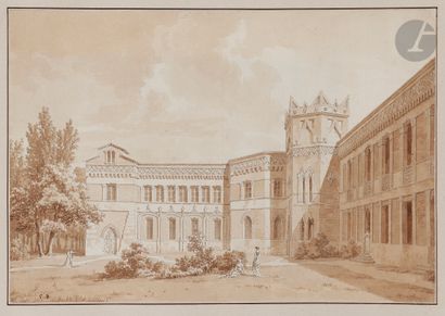null Constant BOURGEOIS (1767-1841
)Animated view of the courtyard of a palacePen
and...