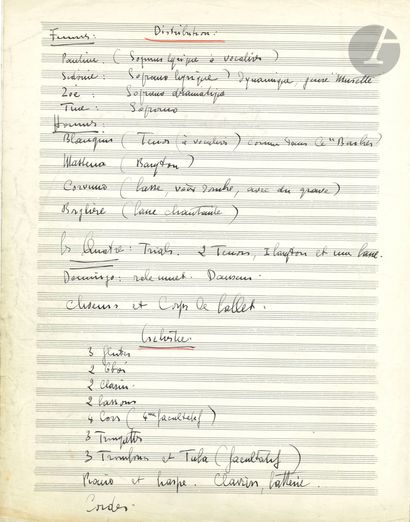 null Henri TOMASI. Autograph musical manuscript signed, Princesse Pauline, opéra-bouffe,...