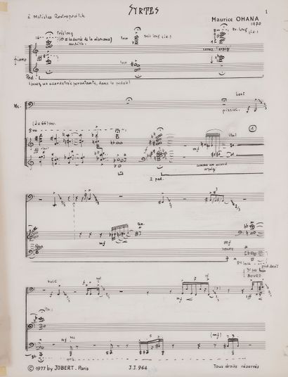 null Maurice OHANA (1913-1992). Manuscrit musical autographe signé, Syrtes pour violoncelle...