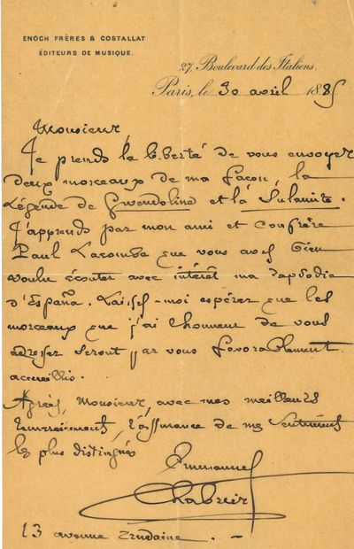null • Emmanuel CHABRIER. L.A.S., Paris 30 avril 1885, [au chef d’orchestre Titus-Charles...