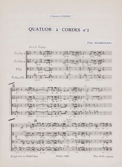 null Félix IBARRONDO (né 1943). Manuscrit musical autographe, Quatuor à cordes n°...