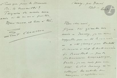 null Ernest CHAUSSON (1855-1899). 3 L.A.S., 1890-1894, à son ami le musicologue Julien...