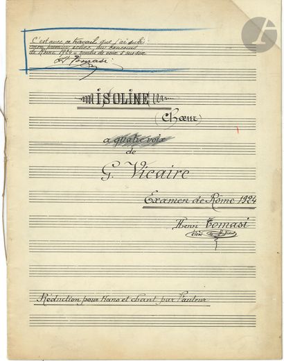  Henri TOMASI (1901-1971). Manuscrit musical autographe signé, Isoline (chœur), 1924 ;...