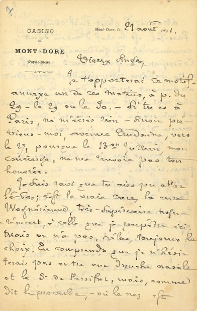 null • Emmanuel CHABRIER. L.A.S., Mont-Dore 21 août 1891, au chef d’orchestre Gabriel...