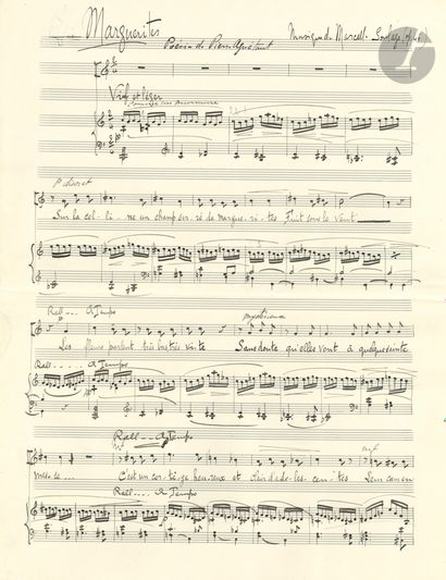 null Marcelle SOULAGE (1894-1970). 4 manuscrits musicaux autographes signés.
Mélodies...