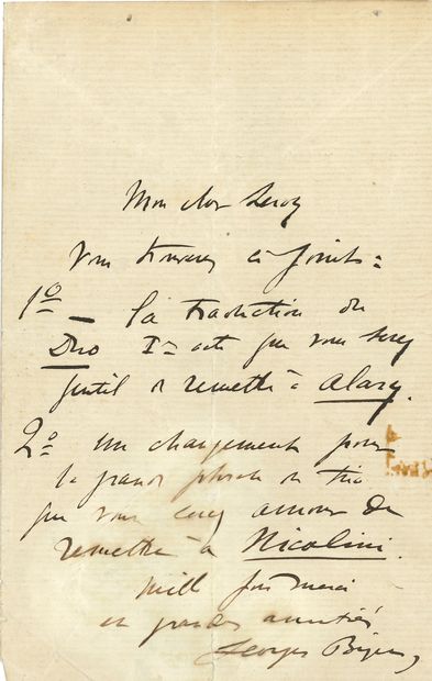 null Georges BIZET (1838-1875). L.A.S. à son cher Leroy ;1 page in-8 (petite fente),...