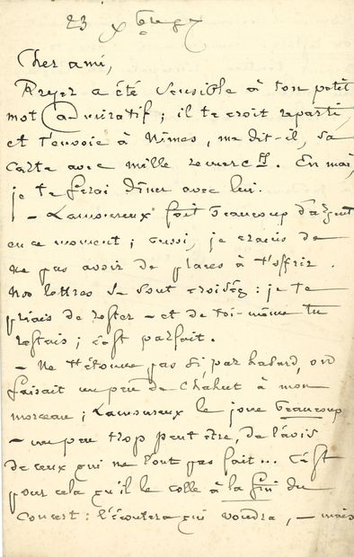 null • Emmanuel CHABRIER. L.A.S. « Ton Emmanuel », 23 décembre 1887, [à Charles Lenthéric] ;...