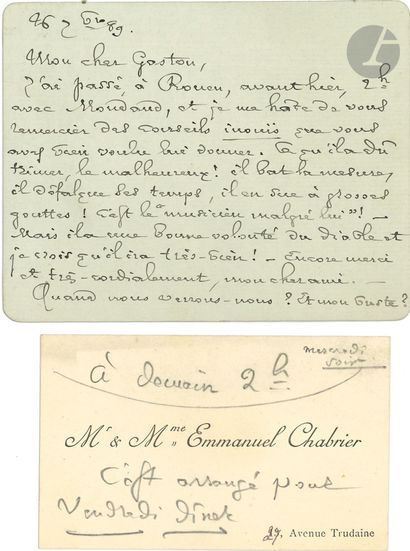 • Emmanuel CHABRIER. L.A.S., 26 septembre 1889, à Gaston Sarreau ; 1 page et demie...
