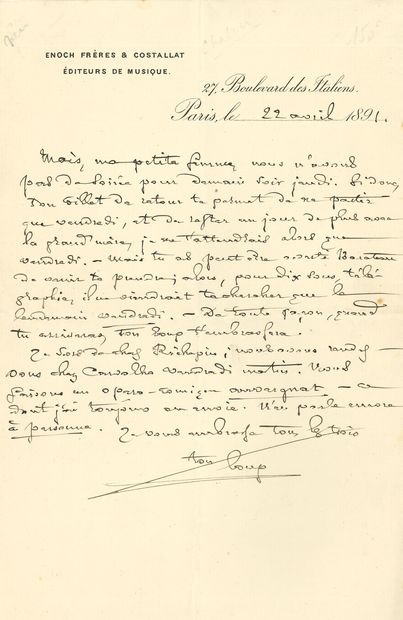 null • Emmanuel CHABRIER. L.A.S. « ton loup », Paris 22 avril 1891, à sa femme ;...
