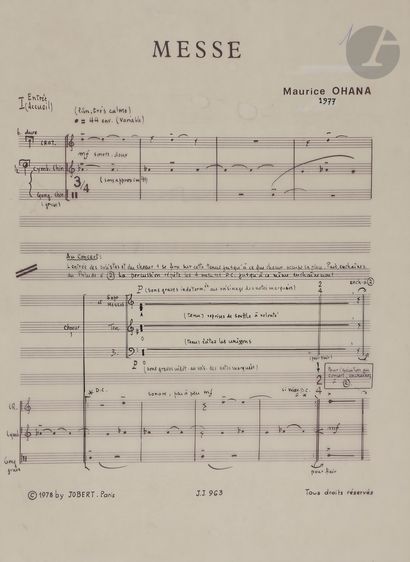 null Maurice OHANA (1913-1992). Manuscrit musical en partie autographe, Messe, 1977 ;...