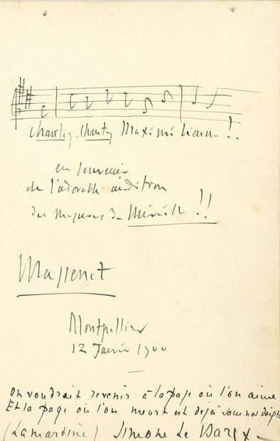 null Jules MASSENET (1842-1912). P.A.S. musicale, et 3 L.A.S., 1889-1907 ; 5 pages...