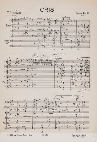 null Maurice OHANA (1913-1992). Autograph music manuscript signed, Cris for 12 mixed...