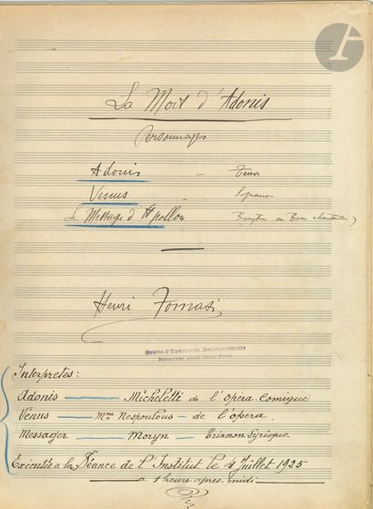  Henri TOMASI. Manuscrit musical autographe signé, La Mort d’Adonis, 1925 ; cahier...