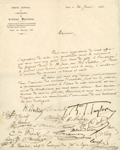  Hector BERLIOZ. L.S., signée par 20 autres artistes, Paris 30 juin 1863, à M. Barbet,...