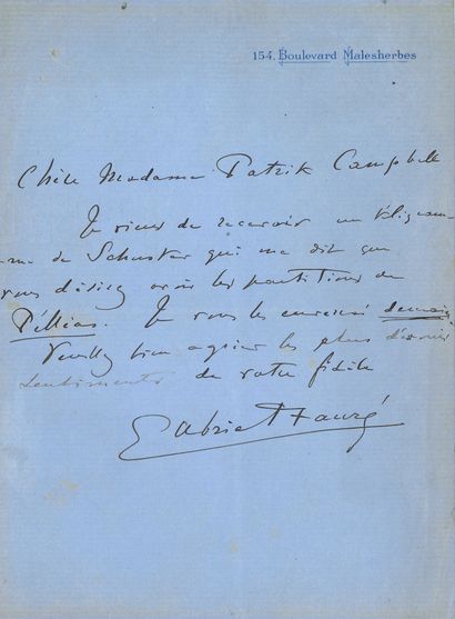 null Gabriel FAURÉ (1845-1924). L.A.S., [1898 ?], to the English actress Mrs Patrick...