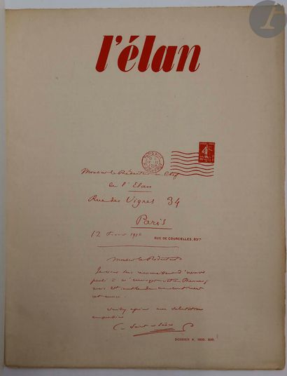 null [REVUE].
L'Élan.
Paris, 15 avril 1915- 9 mars 1916. — 9 numéros in-4, en feuilles...