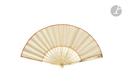 null Folded fan, the silk leaf painted with foliage enhanced with sequins. Mounted...