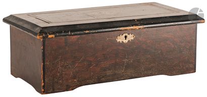 null Varnished and blackened wood music box of rectangular form. 
The lid with central...