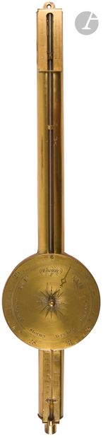 null Brass mercury barometer with an alcohol thermometer in degrees Fahrenheit. 
Note...