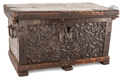  Small wooden chest, front carved in bas-relief with flowering scrolls and a two-headed...