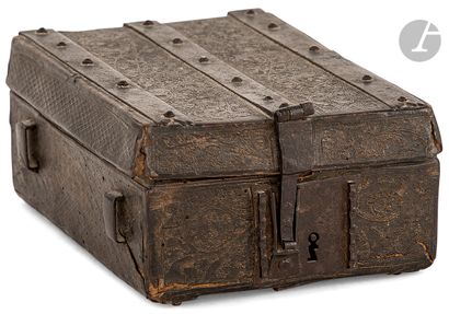 null Book of hours box with a wooden core covered with chased leather, decorated...