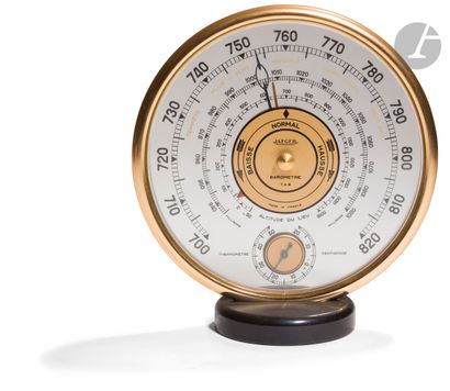  Baromètre thermomètre modèle 7 A. B. signé Jaeger. Baromètre de bureau rond en laiton,...