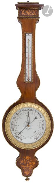 null Baromètre-thermomètre de type banjo à mercure non signé, équipé d’un thermomètre...